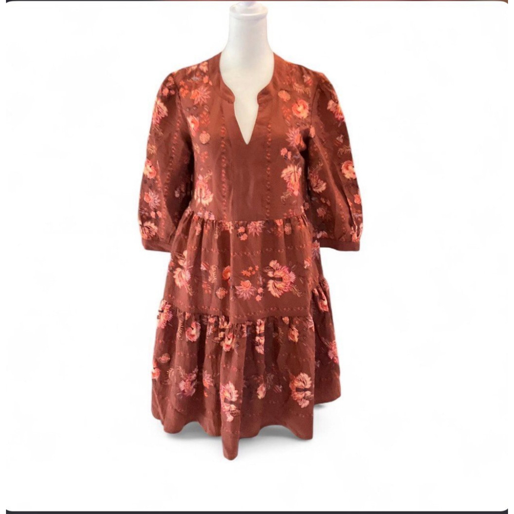 Fig + Flower Boho Cottage Core Floral Tiered Mini Dress Size Small 3/4 Sleeve